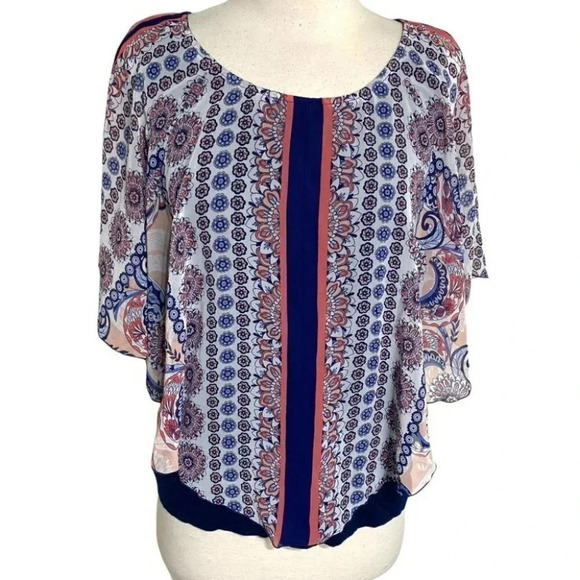 AB Studio S Boho blue paisley print sheer‎ poncho over tank top - Picture 1 of 5